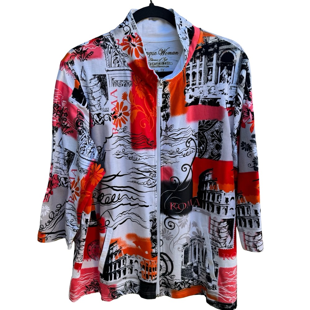 Onque Roma Italy Landmark Coastal Maximalist Cotton Zip French Terry Jacket 1X
